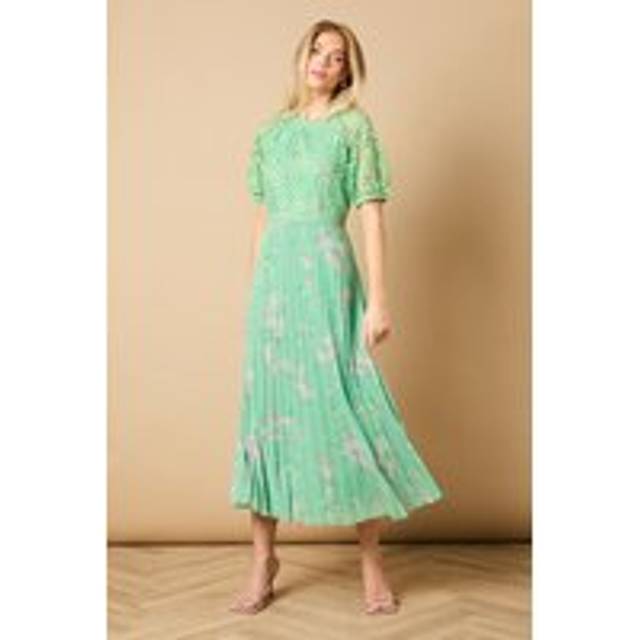 Oasis Womens Occasion Floral Lace Bodice Pleated Midi Dress - Sage Green - Size 10 UK