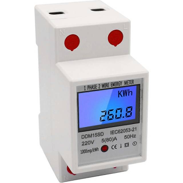 (As show, One size) Single Phase DIN-Rail Energy Meter 5-80A 220V 50Hz Electronic KWh Meter with LCD Backlight Digital Display DDM15SD