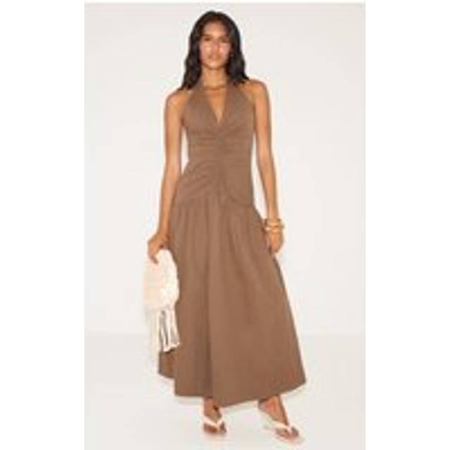 Chocolate Woven Ruched Detail Maxi Dress, Chocolate - 12