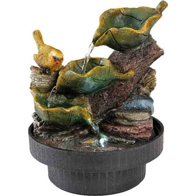 Small Robin Water Fountain Garden Water Feature LED Robin On Leaf 23cm