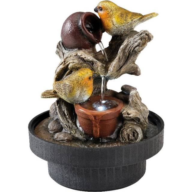 Small Robin Water Fountain Garden Water Feature LED Robin On Jugs 23cm