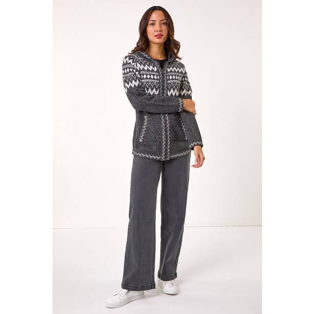 Jacquard Zip Through Knit Cardigan - Charcoal - 18