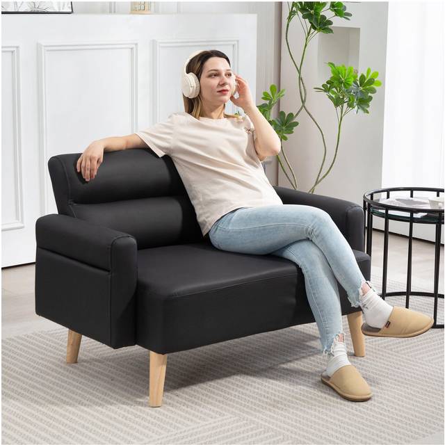 HOMCOM 2 Seater Sofa Settee, Modern Faux Leather Couch with Wood Legs, Black