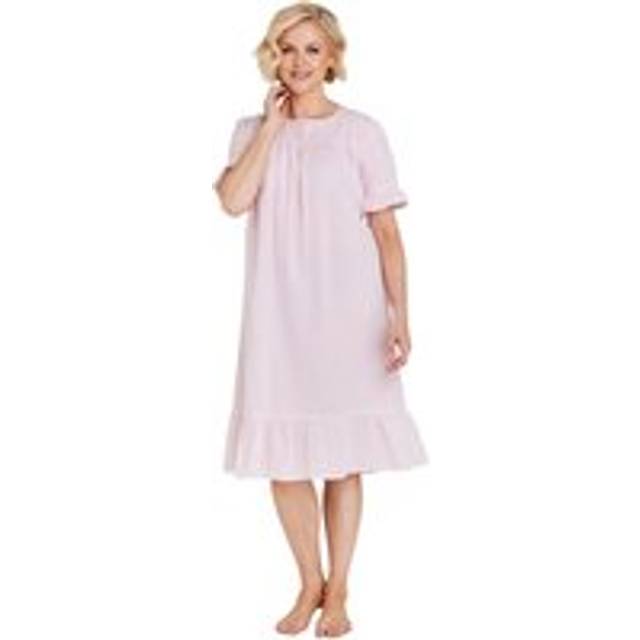 Seersucker Cotton Nightdress Tiered Hem & Frill Cuffs - Pink - 20-22