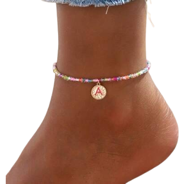 SHEIN 1 Pc Elegant Colorful Elastic Beaded Initials Anklet For Girls Innovative And Cute Colorful Beaded Pink 26 Letter Pendant Anklet Suitable For Giving T