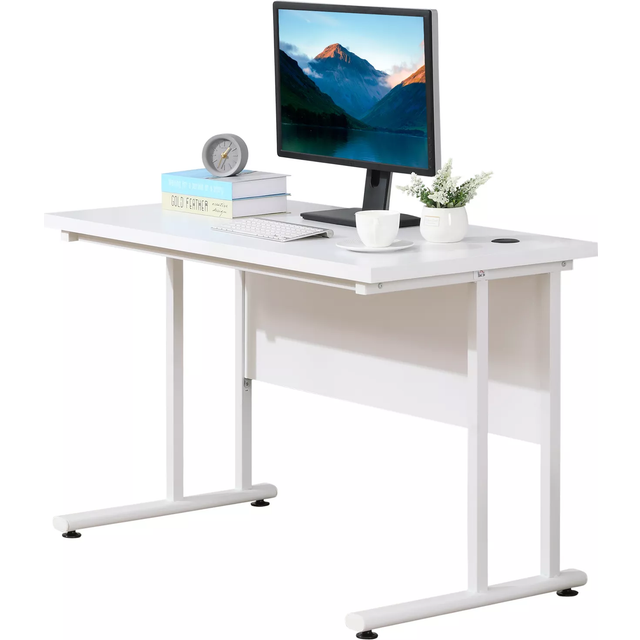 Homcom - Computer Desk Writing Table with 2 Cable Management Holes Metal Leg White
