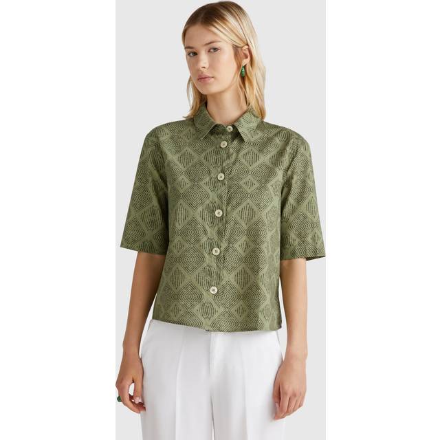 Benetton Abstract Regular Fit 3/4 Sleeve Box Pleat Cotton Shirt