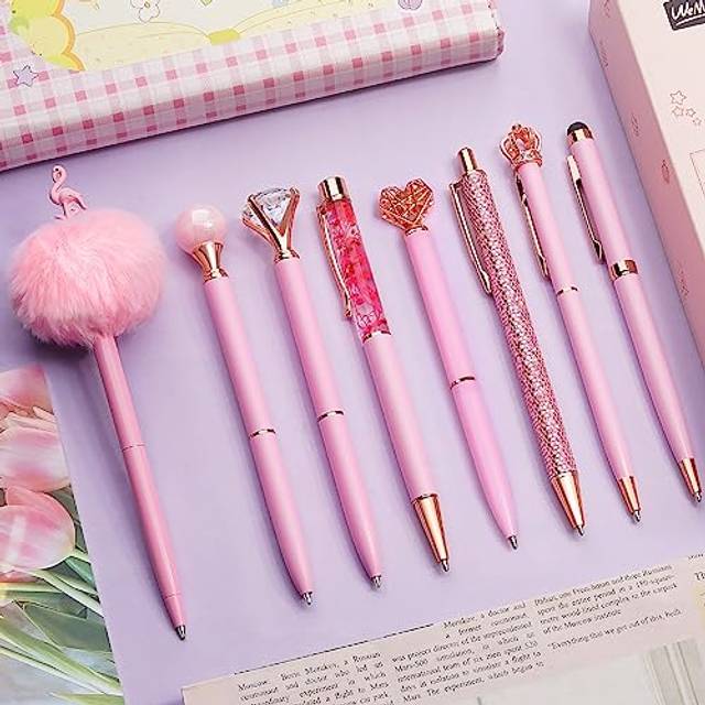 WEMATE 8Pcs Pink Ballpoint Pens Set Pen Bling for Women,Girly Pens,Black & Blue Ink Ball Point Pen Gifts for Wedding Bridesmaid Office (Pink)