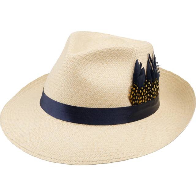 Christy Feather Headband Trilby Panama Hat, Ivory/Navy Satin