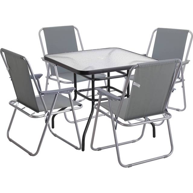 (Table + 4 Grey Chairs) Garden Square Glass Table & Folding Chairs Set Metal Outdoor Patio Parasol Hole