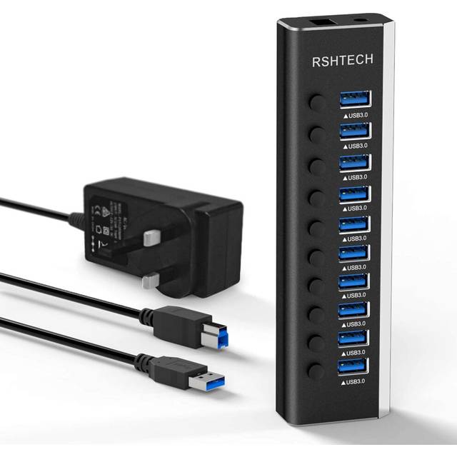 RSHTECH Powered USB 3.0 Hub Aluminum 10 Port USB 3.0 Data Hub with 12V/3A (36W) Power Adapter and Individual On/Off Switches & LED (RSH-A10)