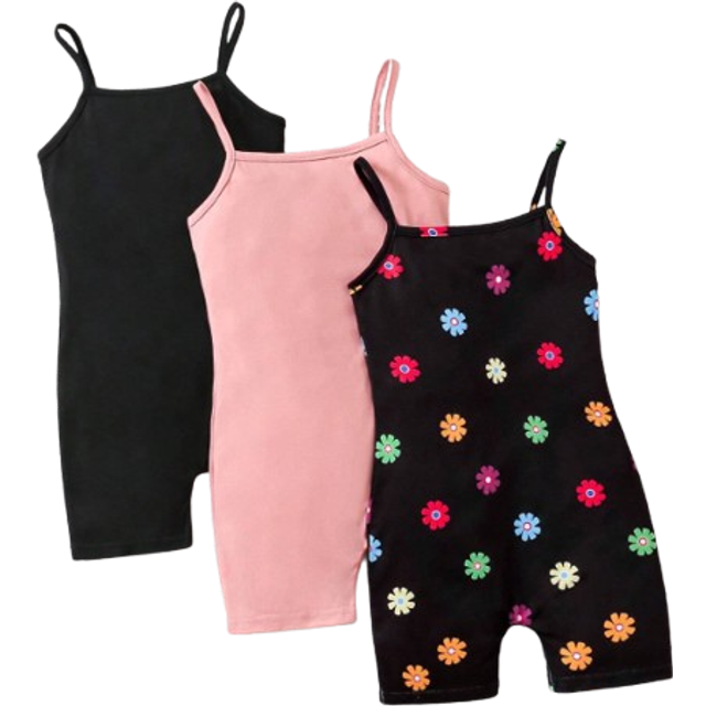 SHEIN Young Girl Knitted Solid Color Cami Romper With Colorful Flower Pattern Knitted, 3pcs/Set