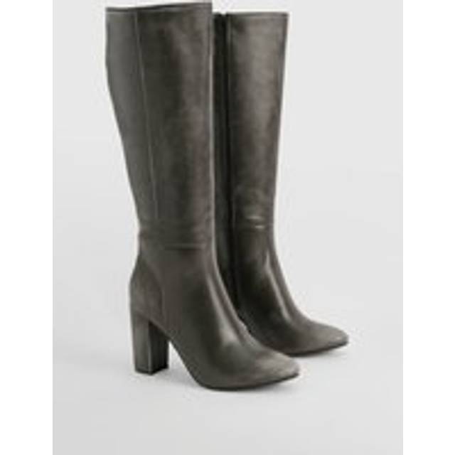 Womens Vintage Look Knee High Block Heel Boots - Grey - 6, Grey