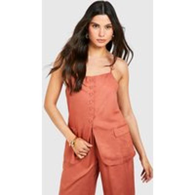Womens Linen Look Button Front Longline Waistcoat - Orange - 14, Orange