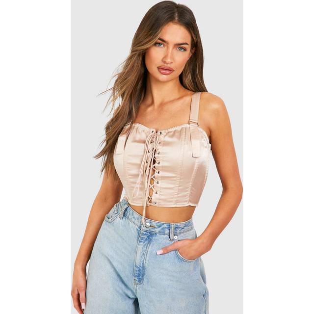 Womens Satin Lace Up Corset - Beige - 10, Beige