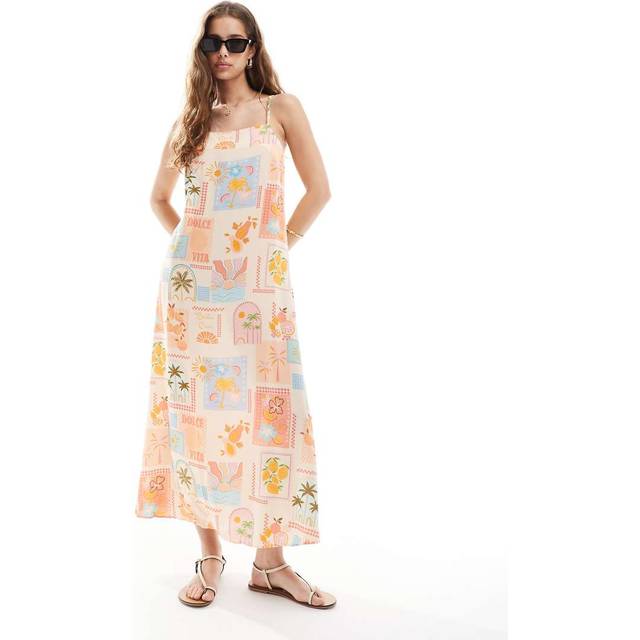 New Look Women's Cream Italy Print Square Neck Midi Dress - UK 16