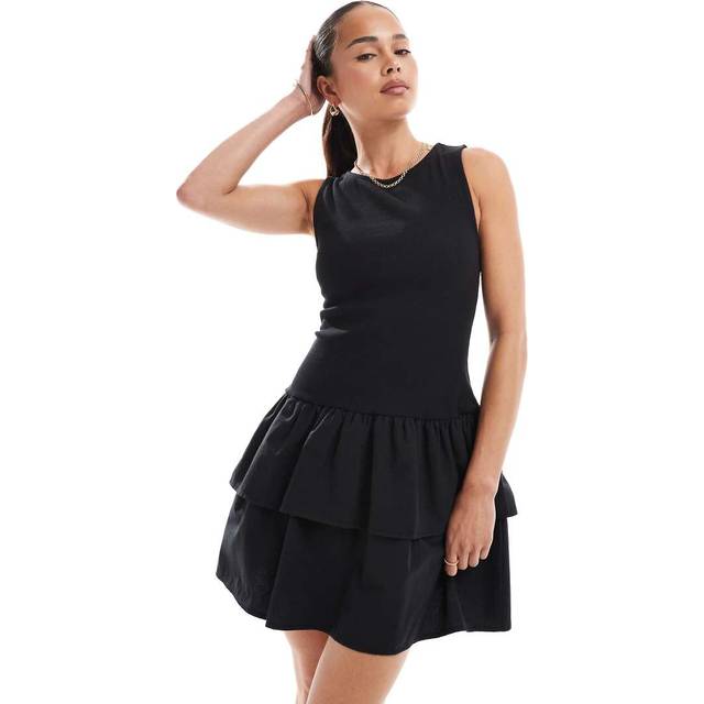 New Look Women's Black Ribbed Jersey Poplin 2 In 1 Mini Dress - UK 6