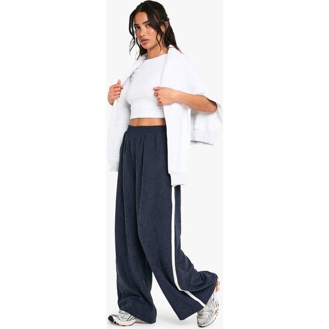 Womens Petite Side Stripe Peached Wide Leg Trousers - Navy - 14