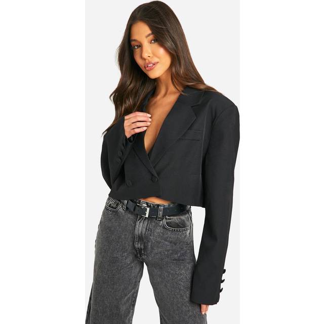 Womens Double Breasted Boxy Crop Blazer - Black - 12