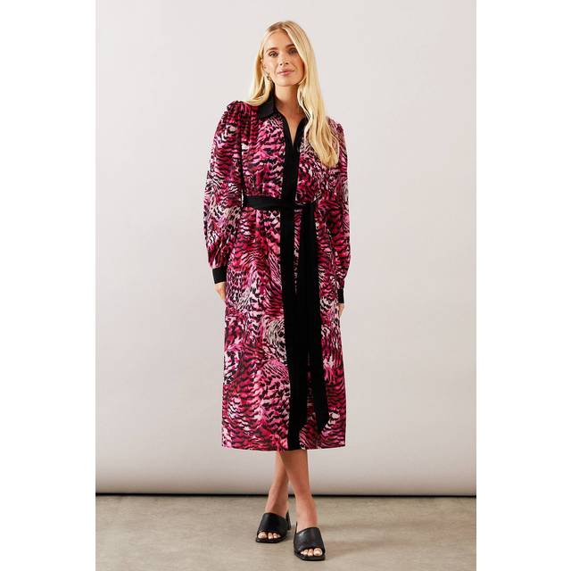Womens Petite Animal Contrast Panel Midi Shirt Dress - Pink - 10