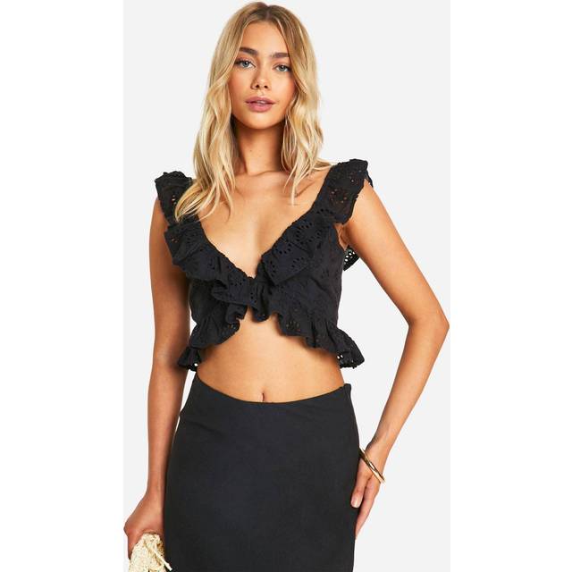 Womens Broderie Ruffle Plunge Crop Top - Black - 12, Black
