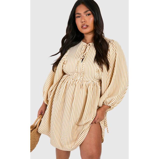 Womens Plus Stripe Textured Balloon Sleeve Smock Dress - Beige - 24