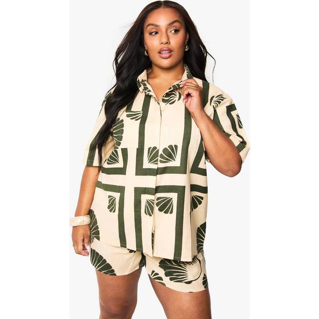 Womens Plus Linen Shell Print Shirt - Cream - 16, Cream