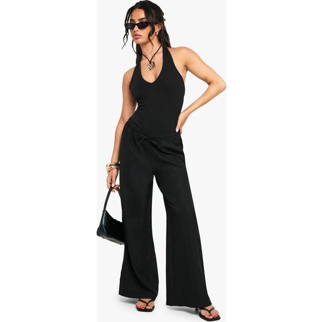 Womens Petite Linen Look Wide Leg Trousers - Black - 16, Black
