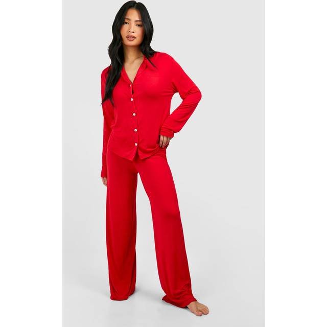 Womens Petite Long Sleeve Shirt & Trousers Pyjama Set - Red - 12