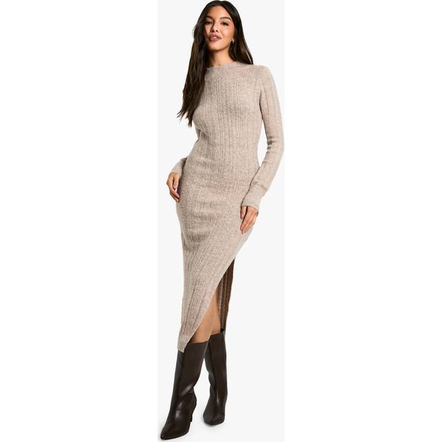 Womens Marl Knitted Midaxi Dress - Beige - M, Beige