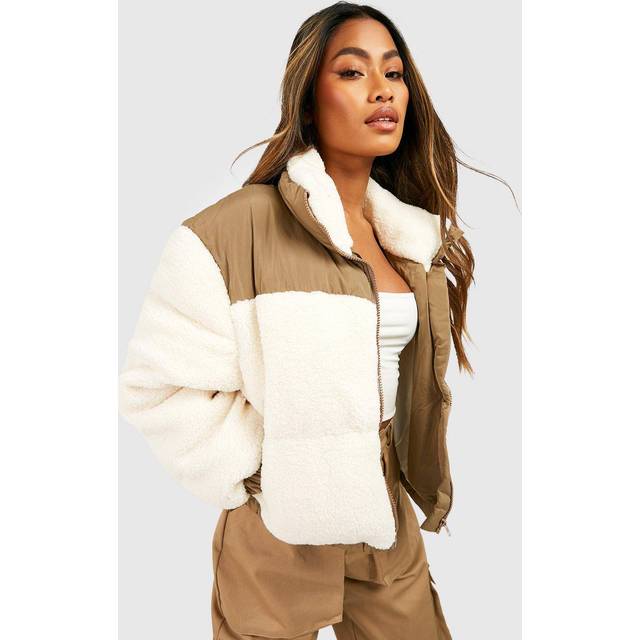 Womens Teddy Faux Fur Panelled Boxy Puffer Jacket - White - 14, White