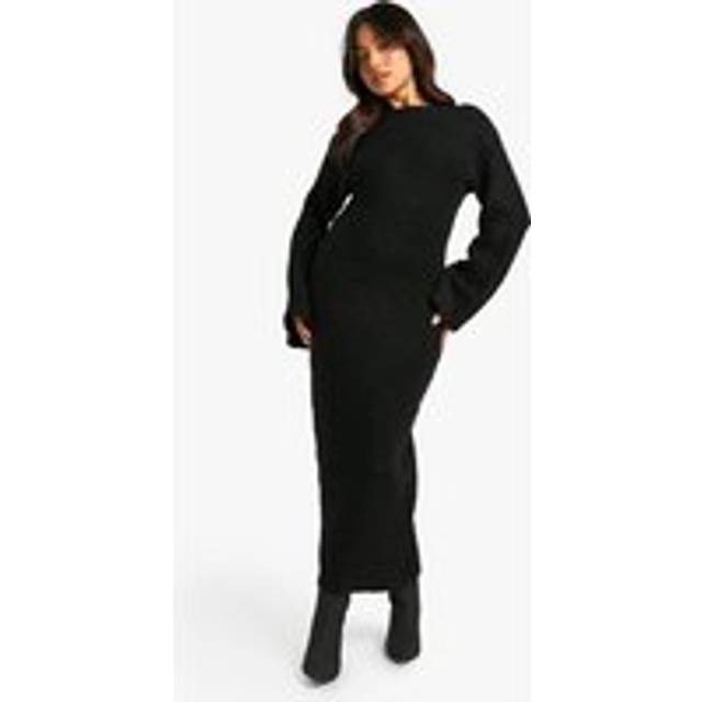 Womens Petite Borg Flare Sleeve Knitted Maxi Dress - Black - 12, Black