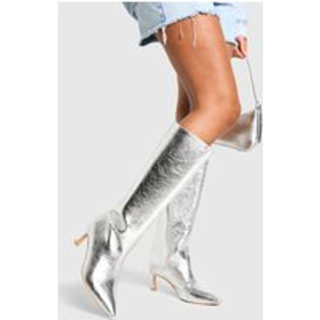 Womens Textured Metallic Column Knee High Boots - Grey - 6, Grey