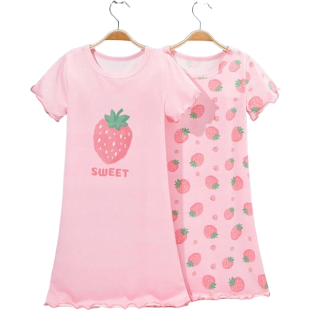SHEIN 2pcs Young Girl Strawberry Print Pajama Set, Comfortable Casual Short Sleeve Nightgown, Simple Design For Easy Matching, Stretchy And Breathable Knit