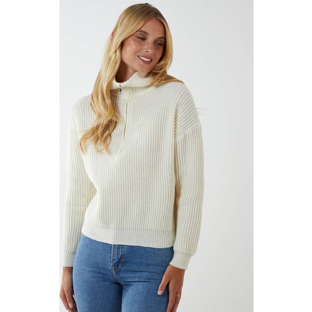 Blue Vanilla Womens High Neck Half Zip Ribbed Jumper - Ivory - Size Large