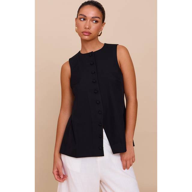 Black Woven Button Down Longline Waistcoat, Black - 4
