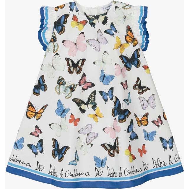 Dolce & Gabbana Girls White & Blue Butterfly Print Cotton Dress - Blue/White - 3-6 month