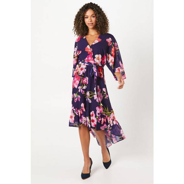 Wallis womens fit flare dress navy floral belted wrap neck ruffle hem
