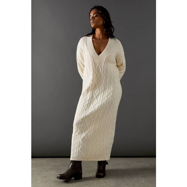 Womens Cosy Cable Knit V Neck Maxi Jumper Dress - White - S