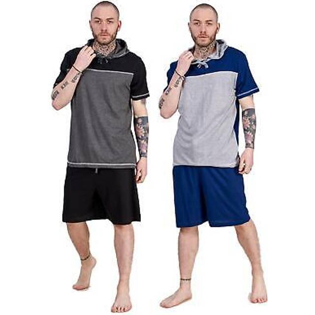 (Navy/Grey, 2XL) Mens Short Pyjama Set 100% Cotton Soft Jersey Hooded Top Loungewear Set