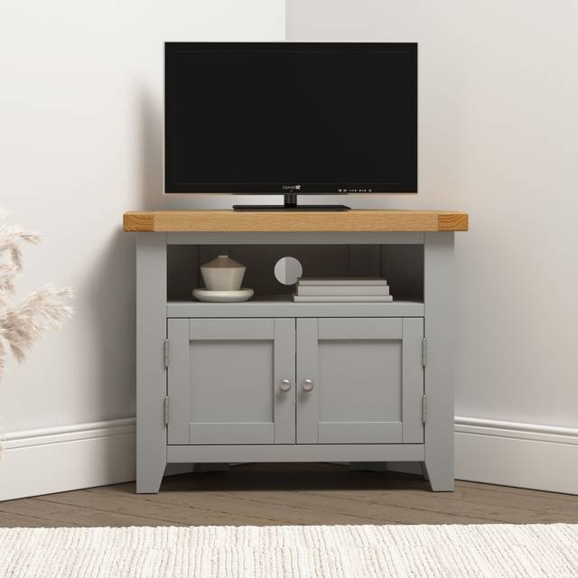 Windsor corner tv unit pebble grey with oak top fully assembled solid wood