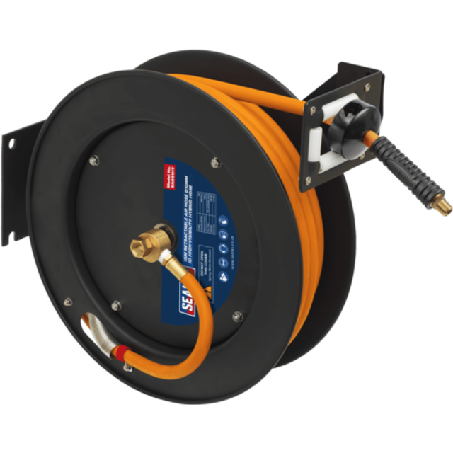 Sealey - SA841HY 15m Retractable High-Visibility Hybrid Air Hose with Metal Reel 10mm id