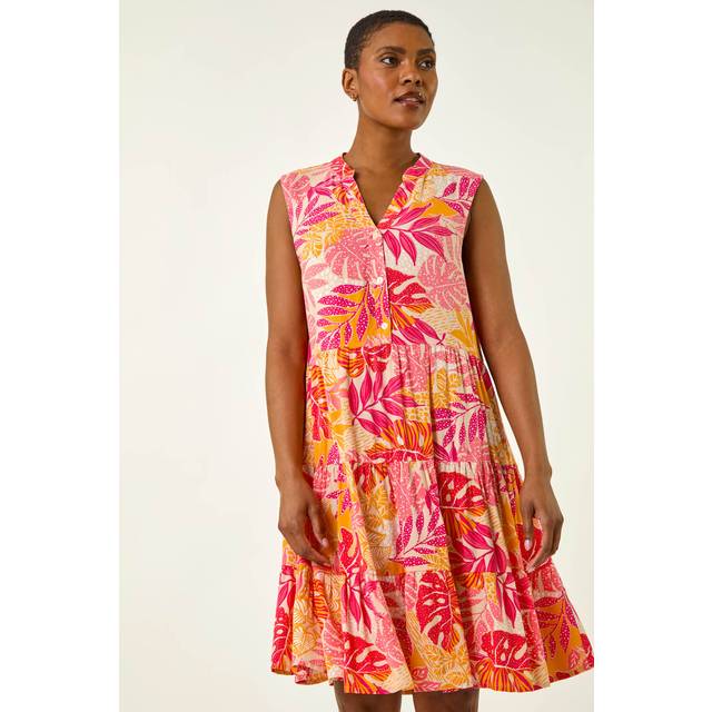 Leaf Print Button Smock Dress - Pink - 14