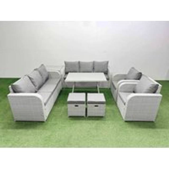Rattan High Back Lounge Sofa Set with Reclining Chairs Side Table - Light Grey - One Size
