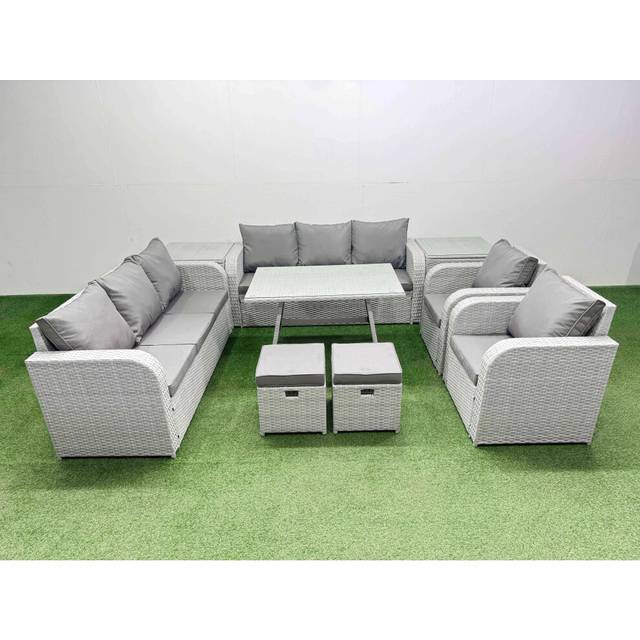 Fimous - Rattan High Back Lounge Sofa Set Patio Dining Table & Chairs Set with 3 Seater Sofa 2 Reclining Chairs 2 Side Tables 2 Small Stool Light Grey