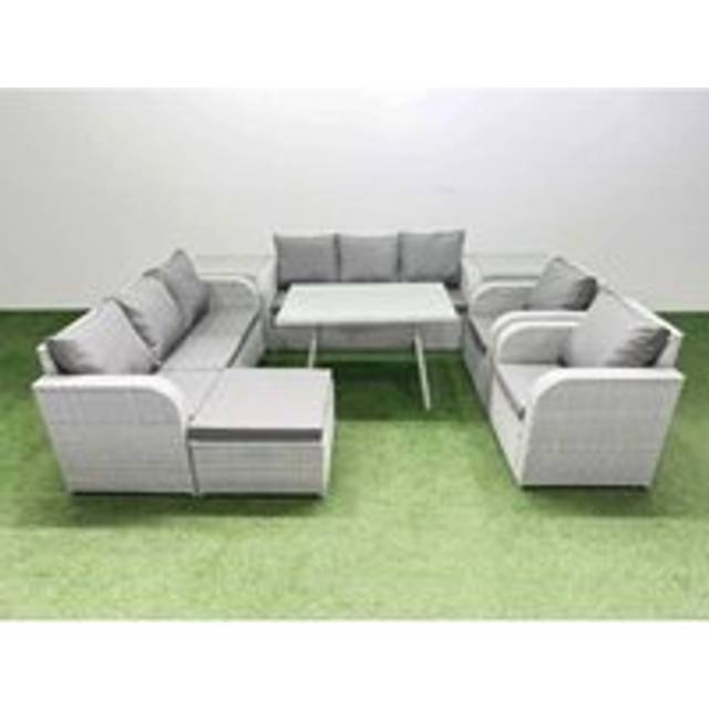 Rattan High Back Lounge Sofa Set with Reclining Chairs 2 Side Tables - Light Grey - One Size