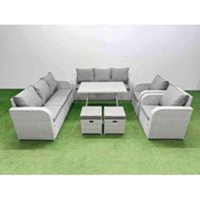 Rattan High Back Lounge Sofa Set Patio Dining Table & Chairs Set with 3 Seater Sofa 2 Reclining Chairs 2 Small Stool Light Grey - Fimous