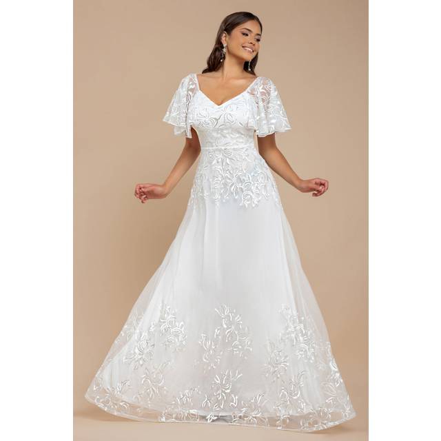 Lace Flutter Sleeve Embroidered Mesh A Line Maxi Dress - White by Goddiva - 18