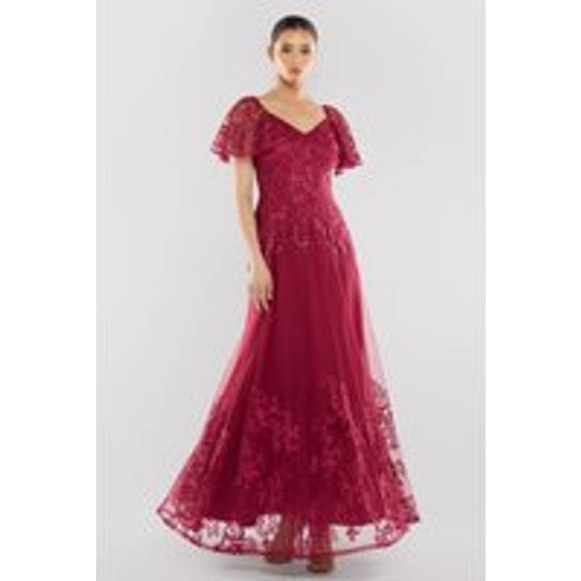 Lace Flutter Sleeve Embroidered Mesh A Line Maxi Dress - Burgundy by Goddiva - 18