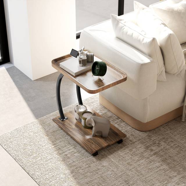 HOMCOM C Shaped Side Table with Storage & Wheels for Living Room, Brown - One Size